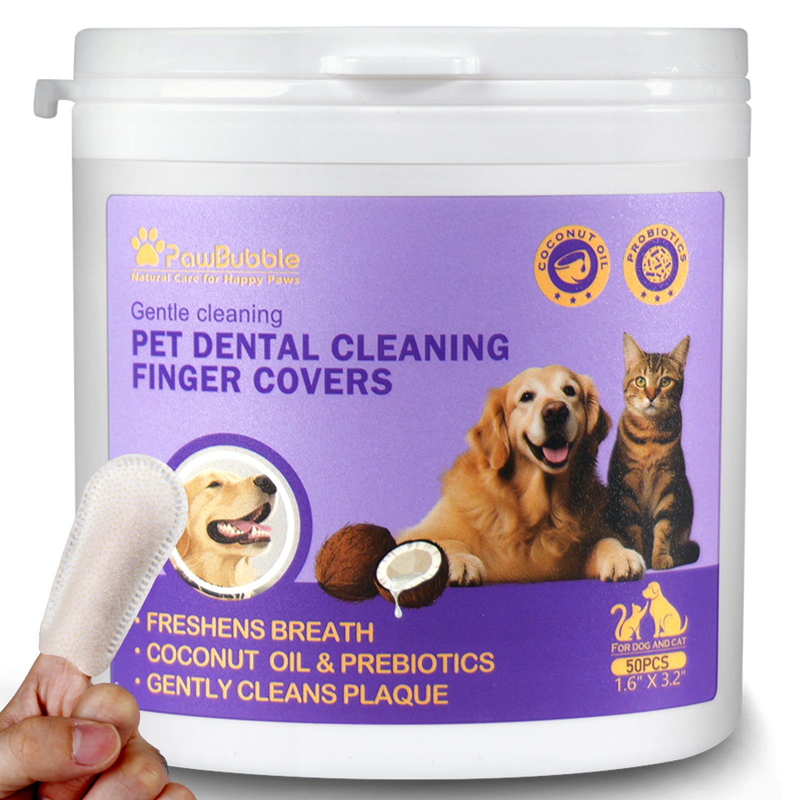PawBubble Pet Dental Finger Wipes,Teeth Cleaning Wipes For Dogs & Cats Daily Oral Care,50 Count