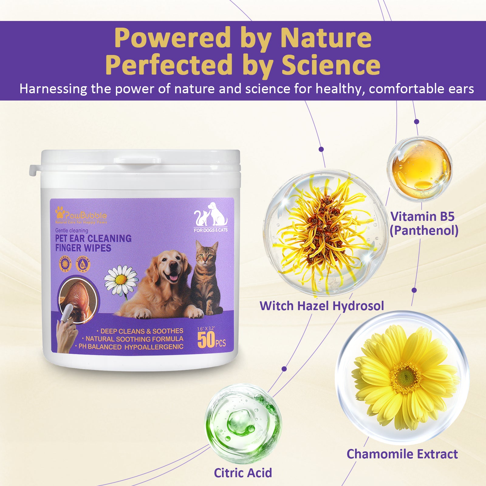 PawBubble Ear Wipes For Dogs & Cats,Gentle Ear Cleaner For Wax,50 Counts