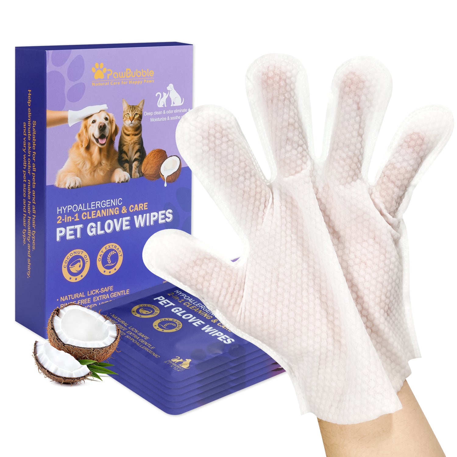 PawBubble Pet Wipes, Cleaning Glove Wipes for Dogs & Cats Hypoallergenic (6 Packs)
